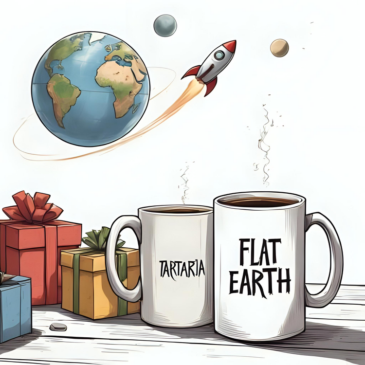 conspiracy theory mugs with text Tartaria and Flat Earth