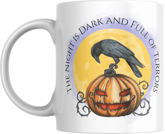 Halloween Mug - The Night is Dark and Full of Terrors featuring a black crow on a sinister jack-o'-lantern. Ideal spooky drinkware for Halloween lovers.