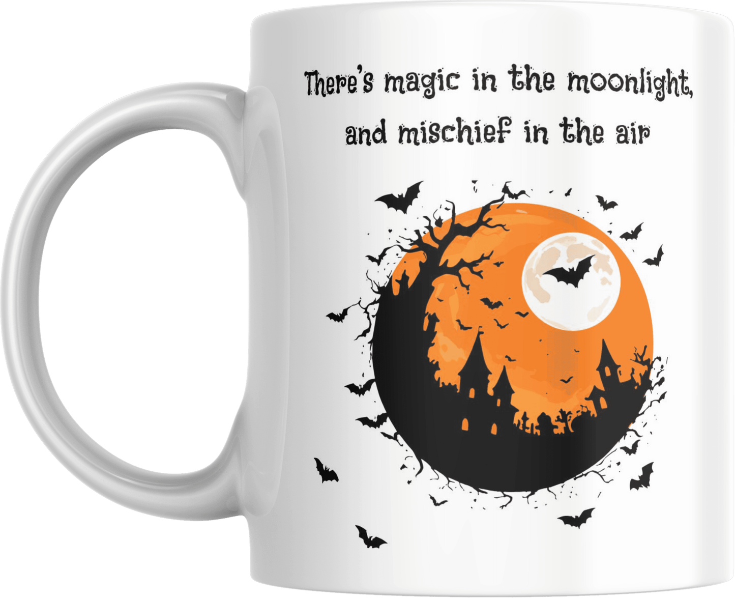 Halloween Mug - Magic Moonlight Mischief features a spooky orange moon, flying bats, and haunted castle silhouettes with whimsical text.