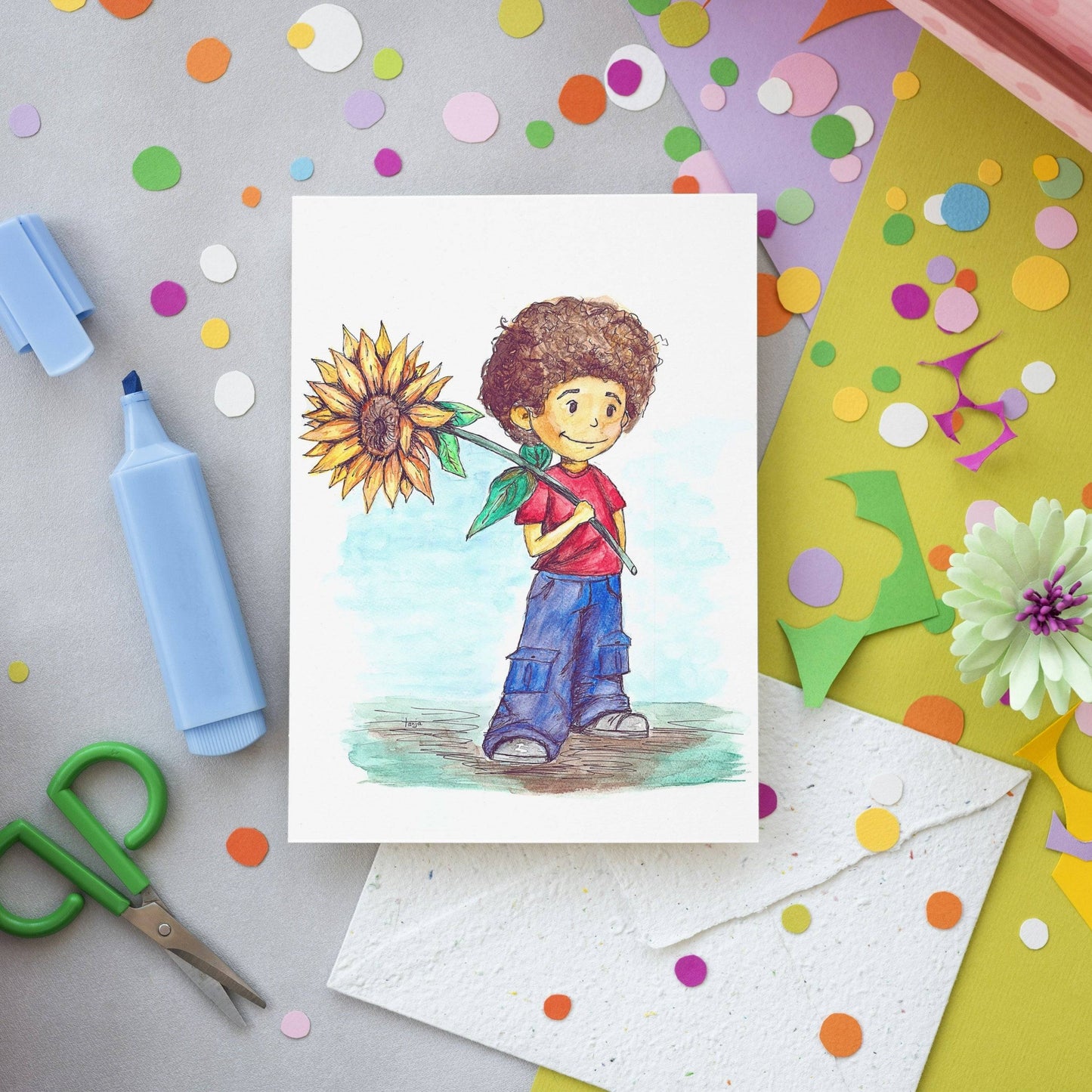 Sunflower Boy Greeting Card - Hand Painted | Watercolor Print featuring a smiling boy holding a sunflower. Includes matching envelope for gifting.
