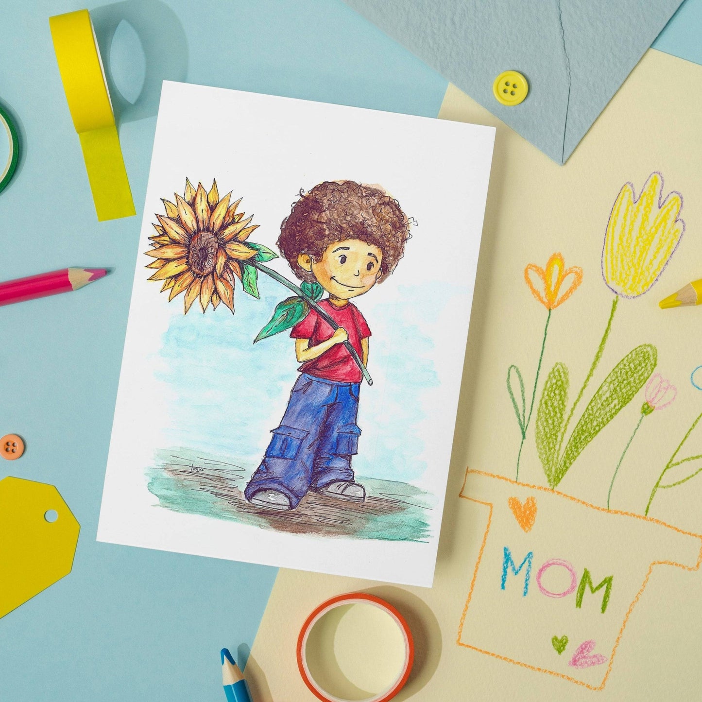 Sunflower Boy Greeting Card - Hand Painted | Watercolor Print featuring a cheerful boy holding a sunflower, ideal for heartfelt gift-giving occasions.