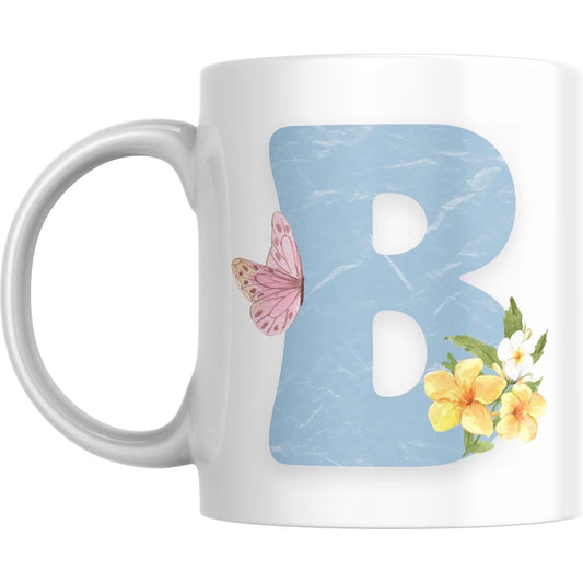 Coffee Mug Floral Butterfly Alphabet - Coffee Mugs