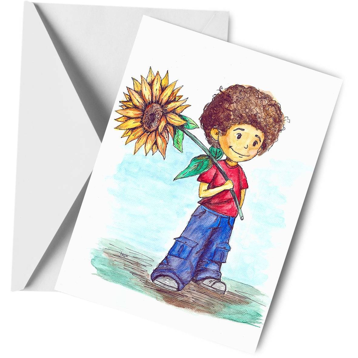 Sunflower Boy Greeting Card - Hand Painted | Watercolor Print featuring a smiling boy holding a sunflower, includes white envelope for gifting.