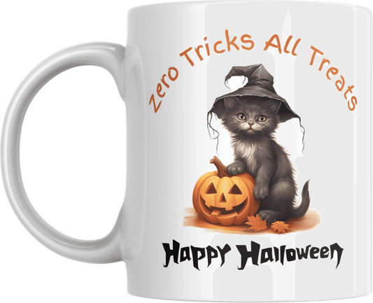 Halloween coffee mug featuring a cute black kitten in a witch hat sitting beside a carved pumpkin with 'Zero Tricks All Treats' and 'Happy Halloween' text.