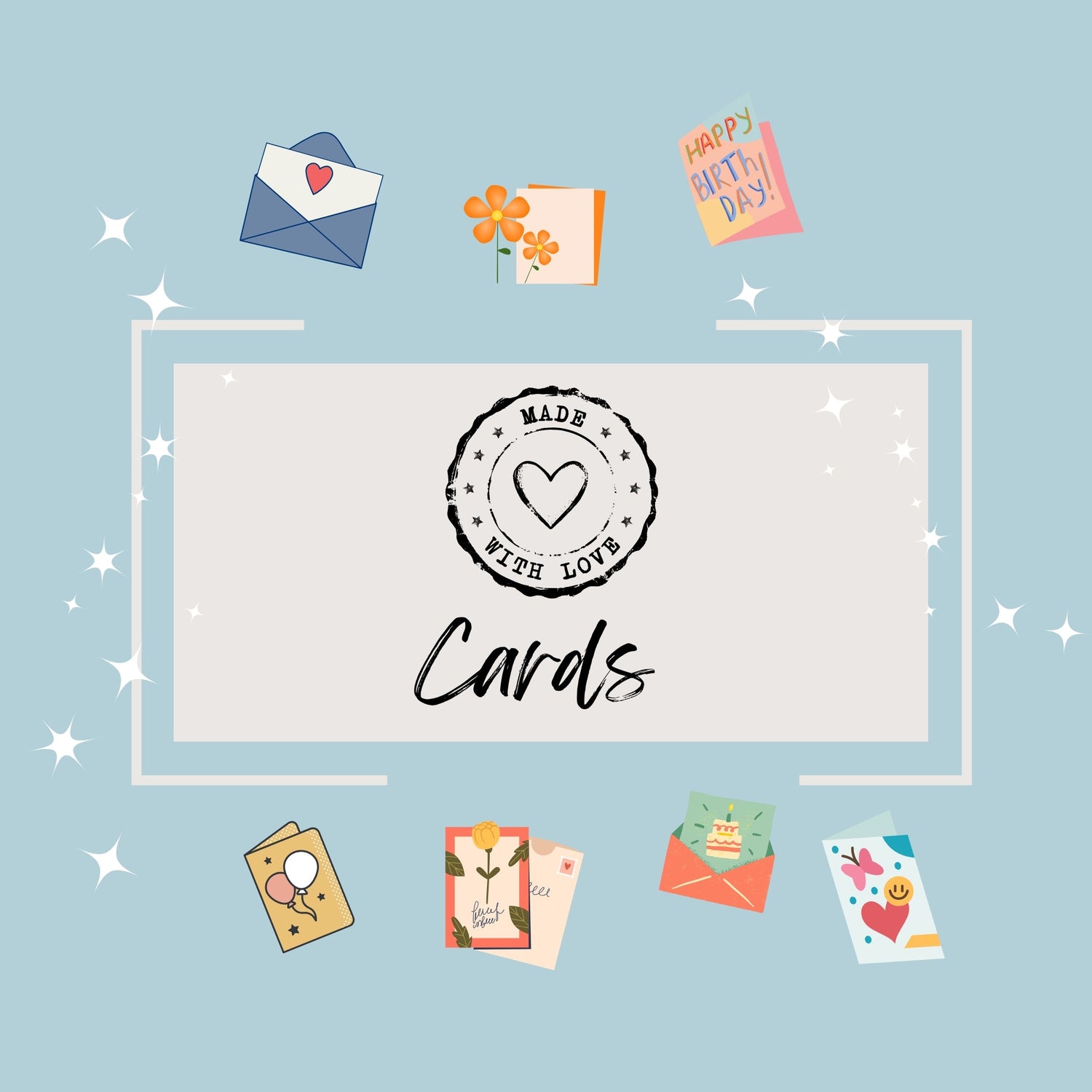 Handmade greeting cards with love-themed and festive designs.
