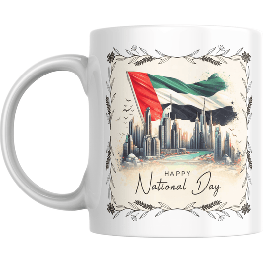 UAE National Day Mug featuring UAE flag, Dubai skyline, and floral border. Ideal UAE gift mug for celebrating National Day with cultural pride.