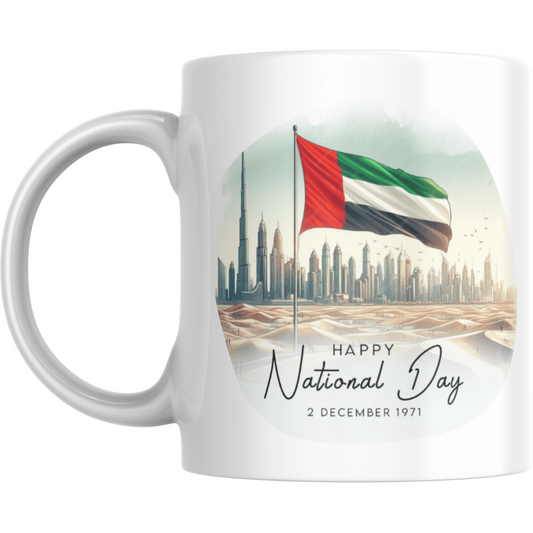 UAE National Day Mug Gift with 2 Dec 1971 flag and desert skyline print, perfect for celebrating heritage. Ideal for UAE National Day gifts.