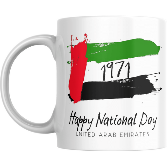 UAE National Day Mug with bold 1971 flag design in red, green, black, and white. Ideal National Day gift to celebrate UAE pride and heritage.