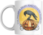 Halloween Mug - The Night is Dark and Full of Terrors featuring a black crow on a sinister jack-o'-lantern. Ideal spooky drinkware for Halloween lovers.