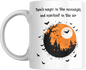 Halloween Mug - Magic Moonlight Mischief features a spooky orange moon, flying bats, and haunted castle silhouettes with whimsical text.