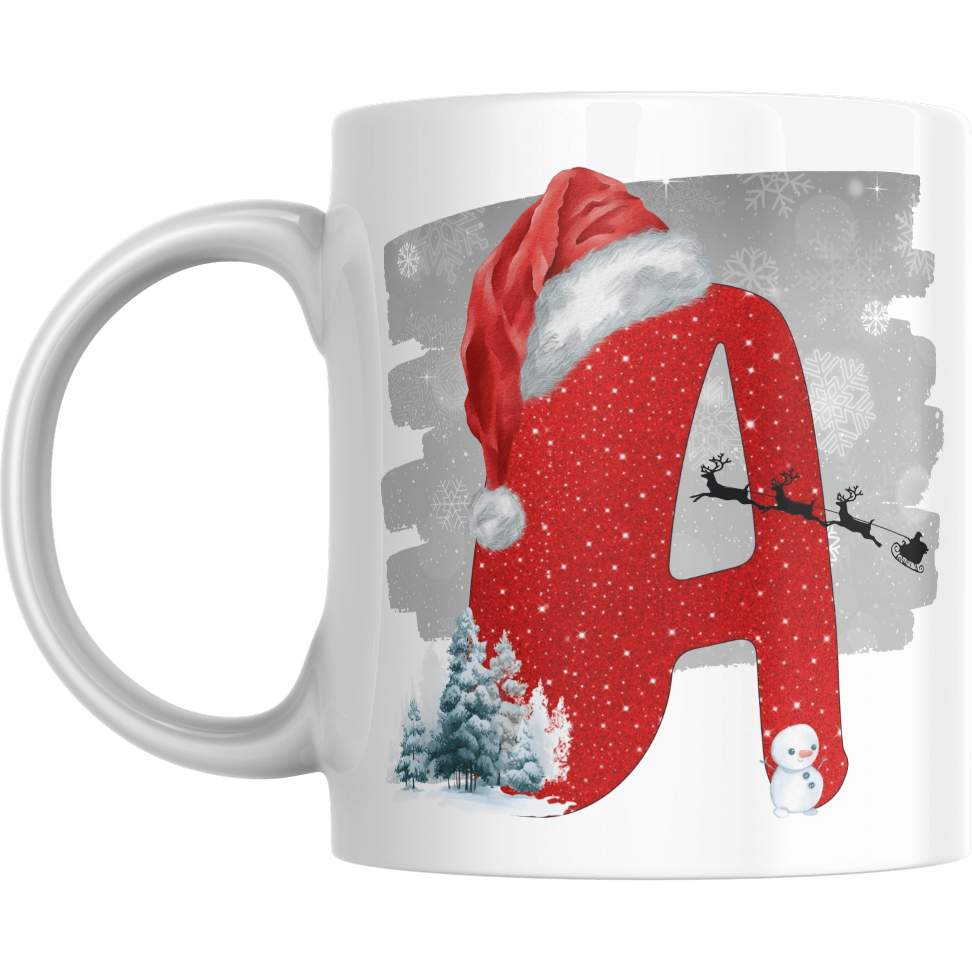 Christmas Mug with Letter A & Santa Print featuring red glitter-style A, Santa hat, sleigh silhouette, snowman, and snowy trees on white ceramic.