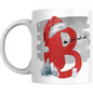 Christmas Mug with Letter B & Santa Print featuring red glitter-style B, Santa sleigh silhouette, snowman, and snowy trees on white ceramic.