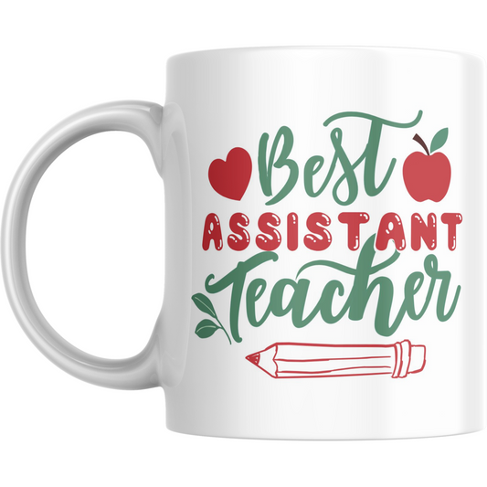 White mug with 'Best Assistant Teacher' text and graphics on a white background