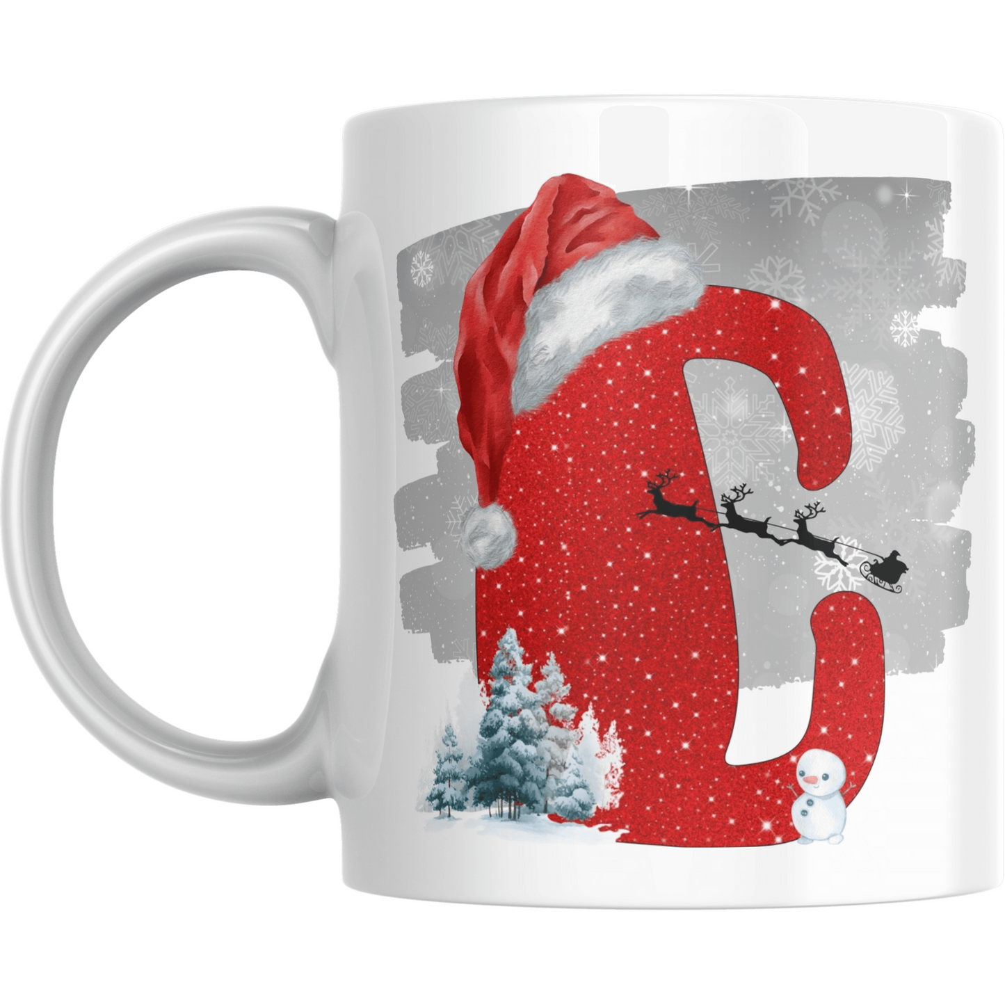 Christmas Mug with Letter C & Santa Print featuring red glitter-style C, Santa sleigh silhouette, snowman, and winter trees on white ceramic.