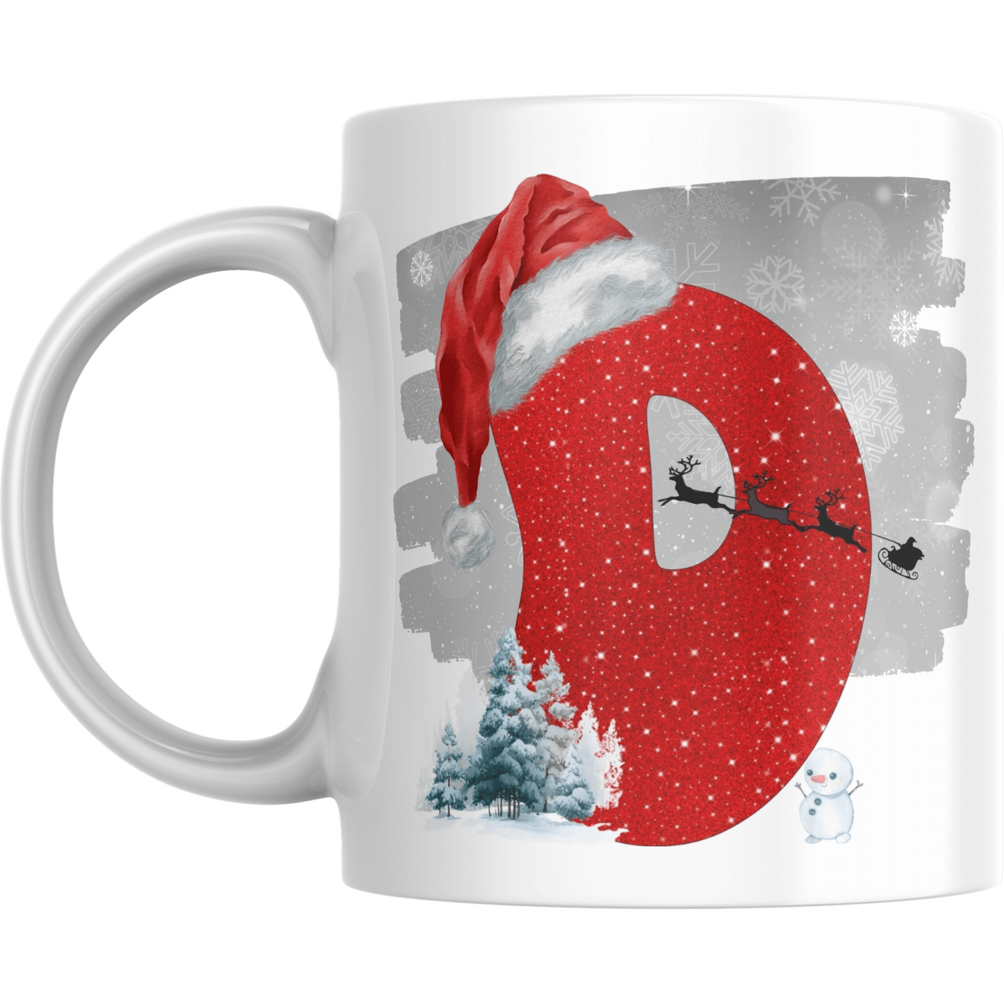 Christmas mug with red glitter letter D, Santa hat, sleigh silhouette, snowman, and snowy trees. Perfect holiday mug for festive coffee or gifting.