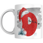 Christmas mug with red glitter letter D, Santa hat, sleigh silhouette, snowman, and snowy trees. Perfect holiday mug for festive coffee or gifting.