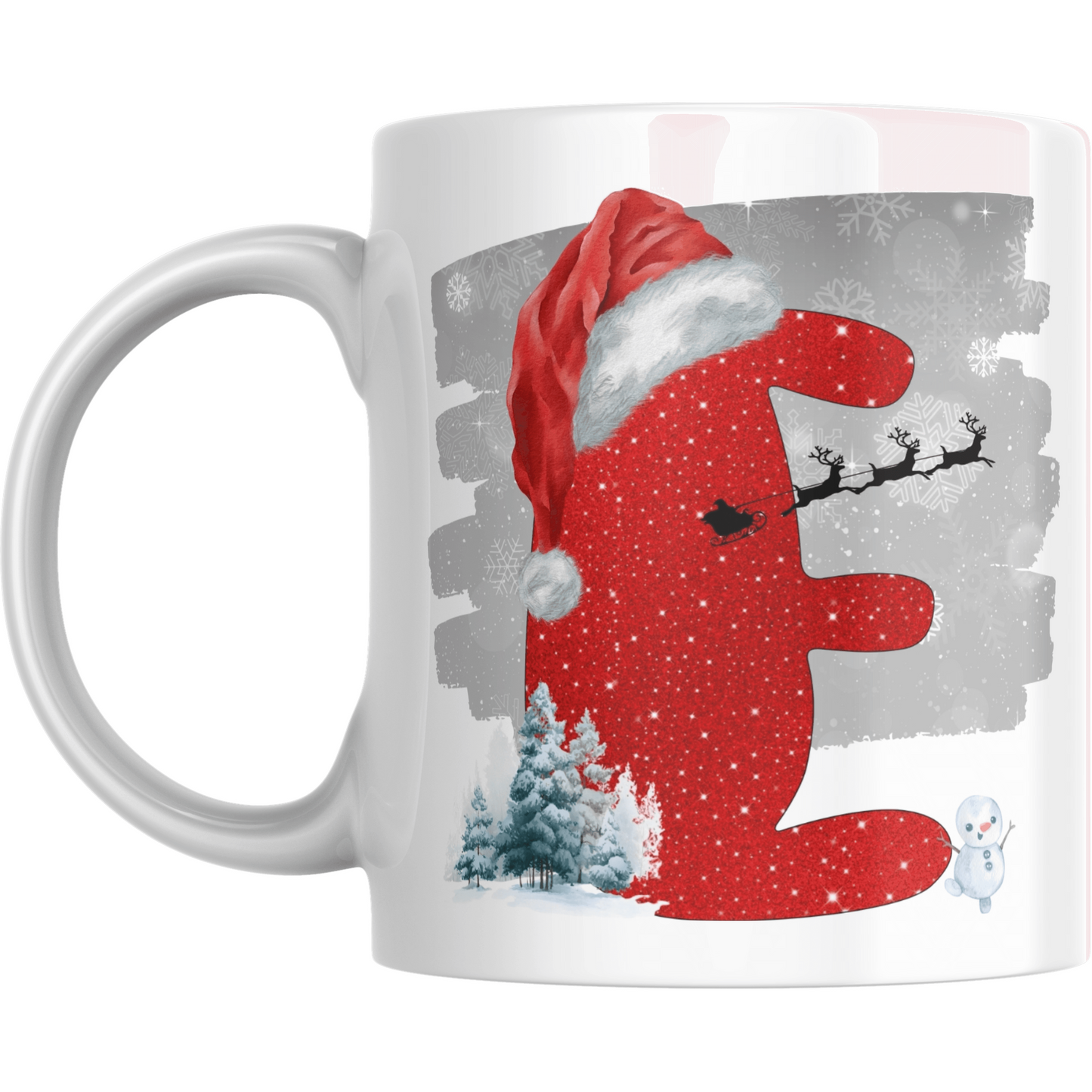 Christmas Mug with Letter E & Santa Print featuring red textured letter E in Santa hat, sleigh silhouette, snowman, and festive trees on ceramic mug.