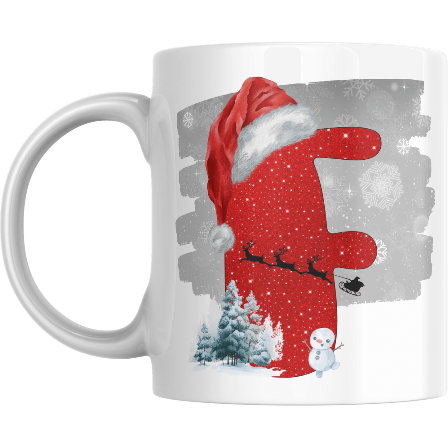 Christmas mug with red letter F wearing Santa hat, snowflakes, sleigh silhouette, snowman, and pine trees. Festive ceramic drinkware gift.