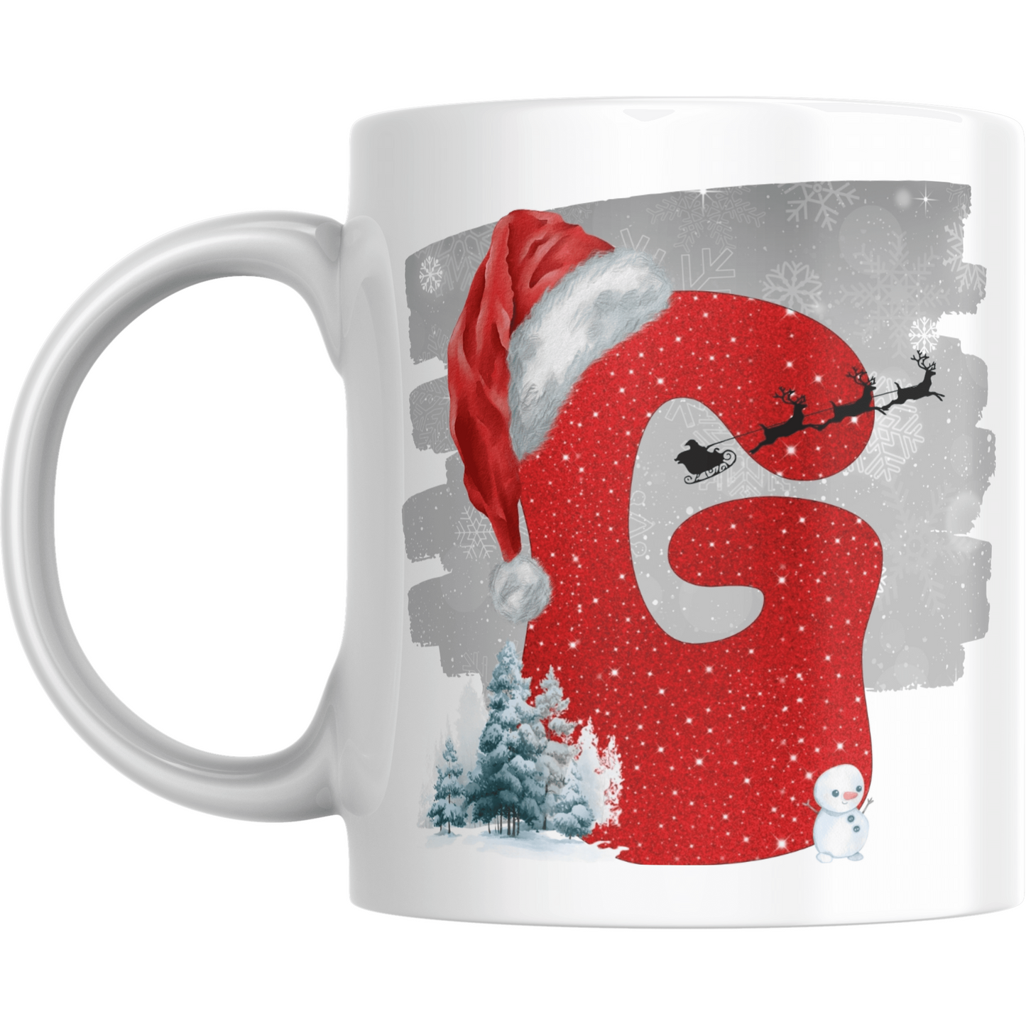 Christmas Mug with Letter G & Santa Print featuring red glitter letter, Santa hat, sleigh silhouette, snowman, and snowy trees on white ceramic.