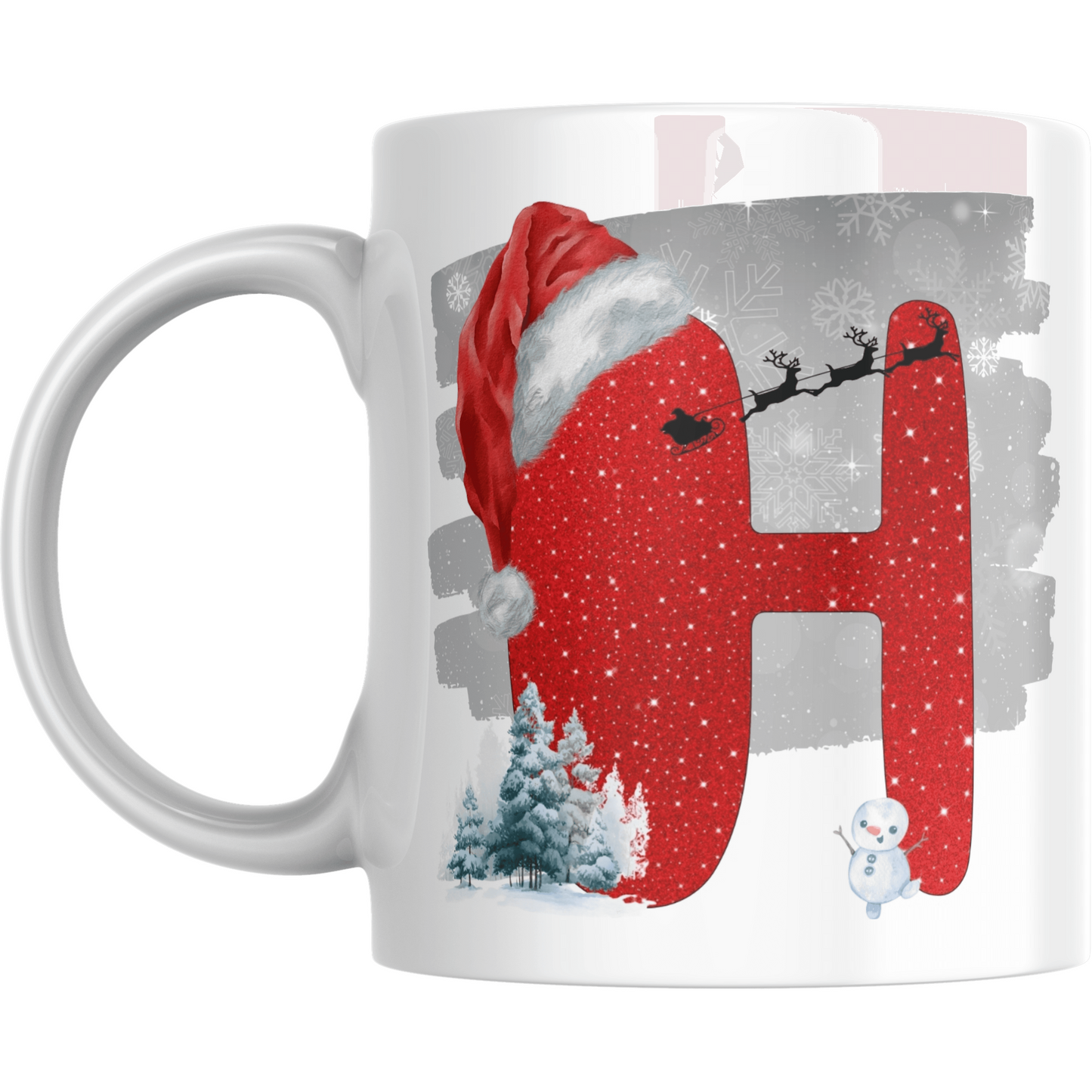 Christmas mug with red letter H wearing Santa hat, snowflakes, snowman, and pine trees. Holiday mug perfect for festive gifts and hot drinks.