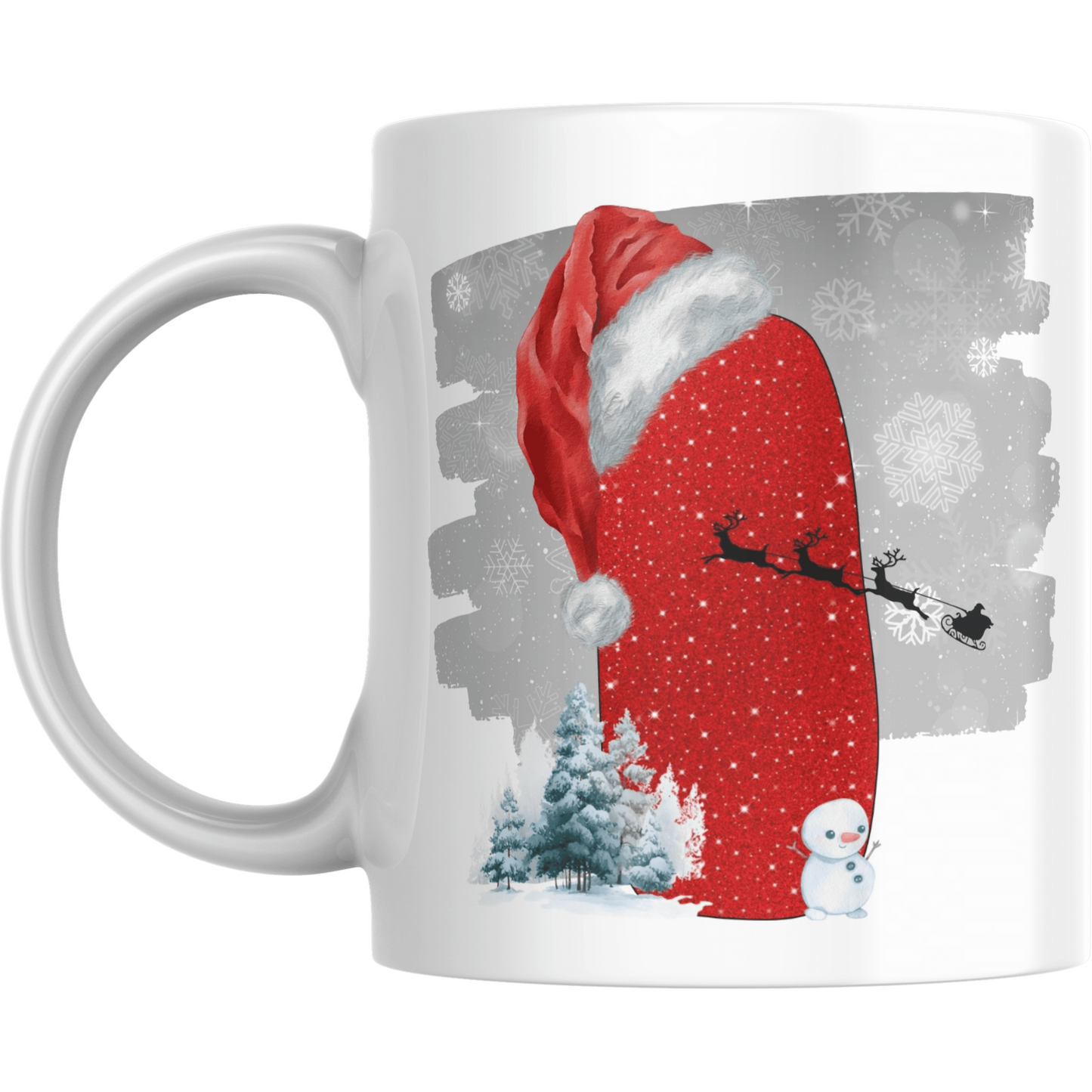 Christmas Mug with Letter I & Santa Print featuring red glitter-style letter, Santa hat, snowman, and sleigh on snowy background. Perfect holiday gift.