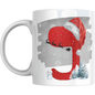 Christmas mug with red letter J wearing Santa hat, snowflakes, sleigh silhouette, snowman, and pine trees. Ideal holiday gift drinkware.