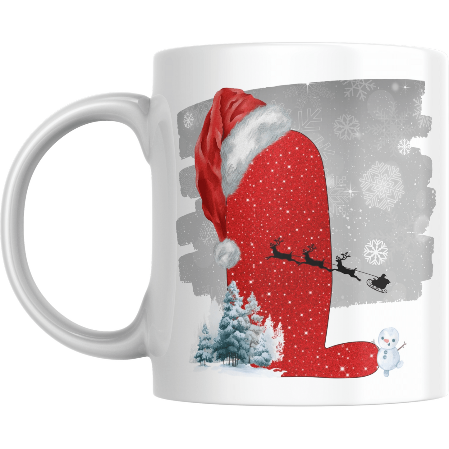 Christmas Mug with Letter L & Santa Print features a red glitter-style L wearing a Santa hat, snowy trees, snowman, and sleigh silhouette. Perfect for festive gifting.