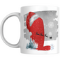 Christmas Mug with Letter L & Santa Print features a red glitter-style L wearing a Santa hat, snowy trees, snowman, and sleigh silhouette. Perfect for festive gifting.