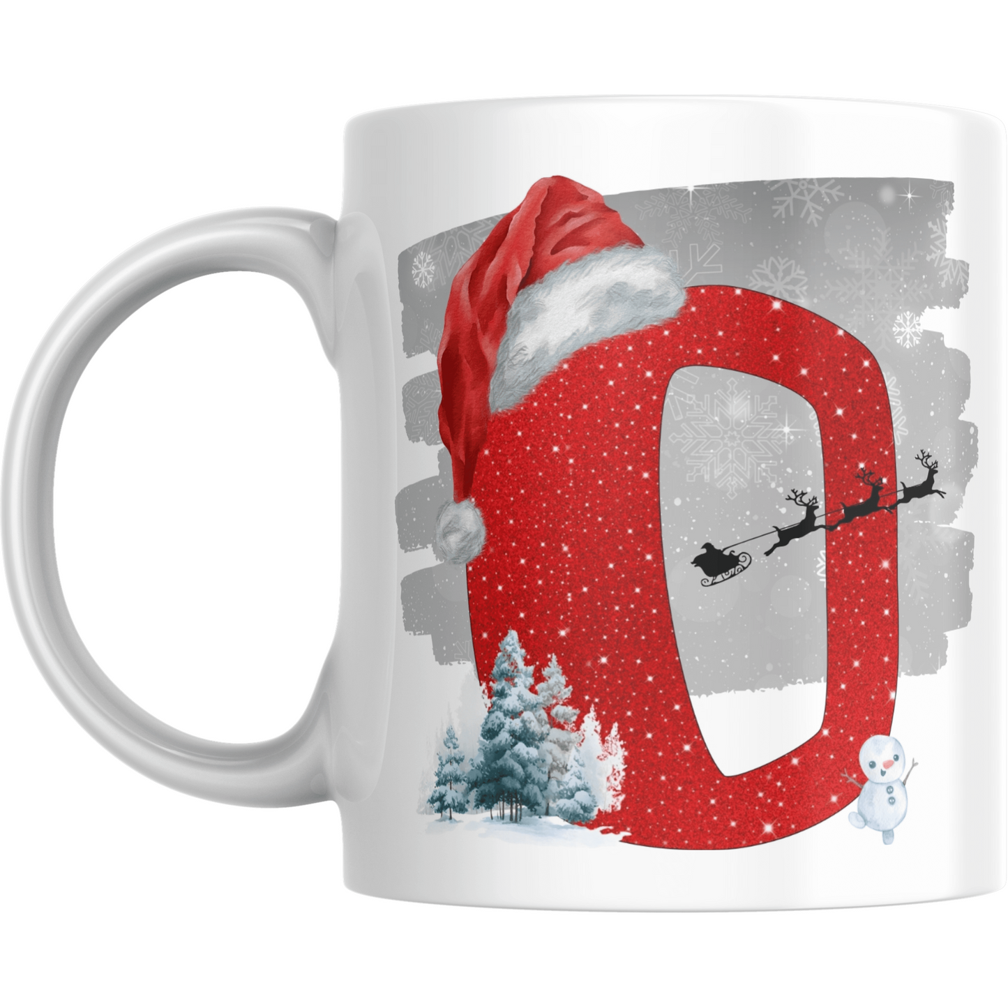 Christmas mug with red glitter letter O, Santa hat, sleigh silhouette, snowman, and snowy trees. Ideal holiday drinkware gift.