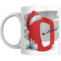 Christmas mug with red glitter letter O, Santa hat, sleigh silhouette, snowman, and snowy trees. Ideal holiday drinkware gift.
