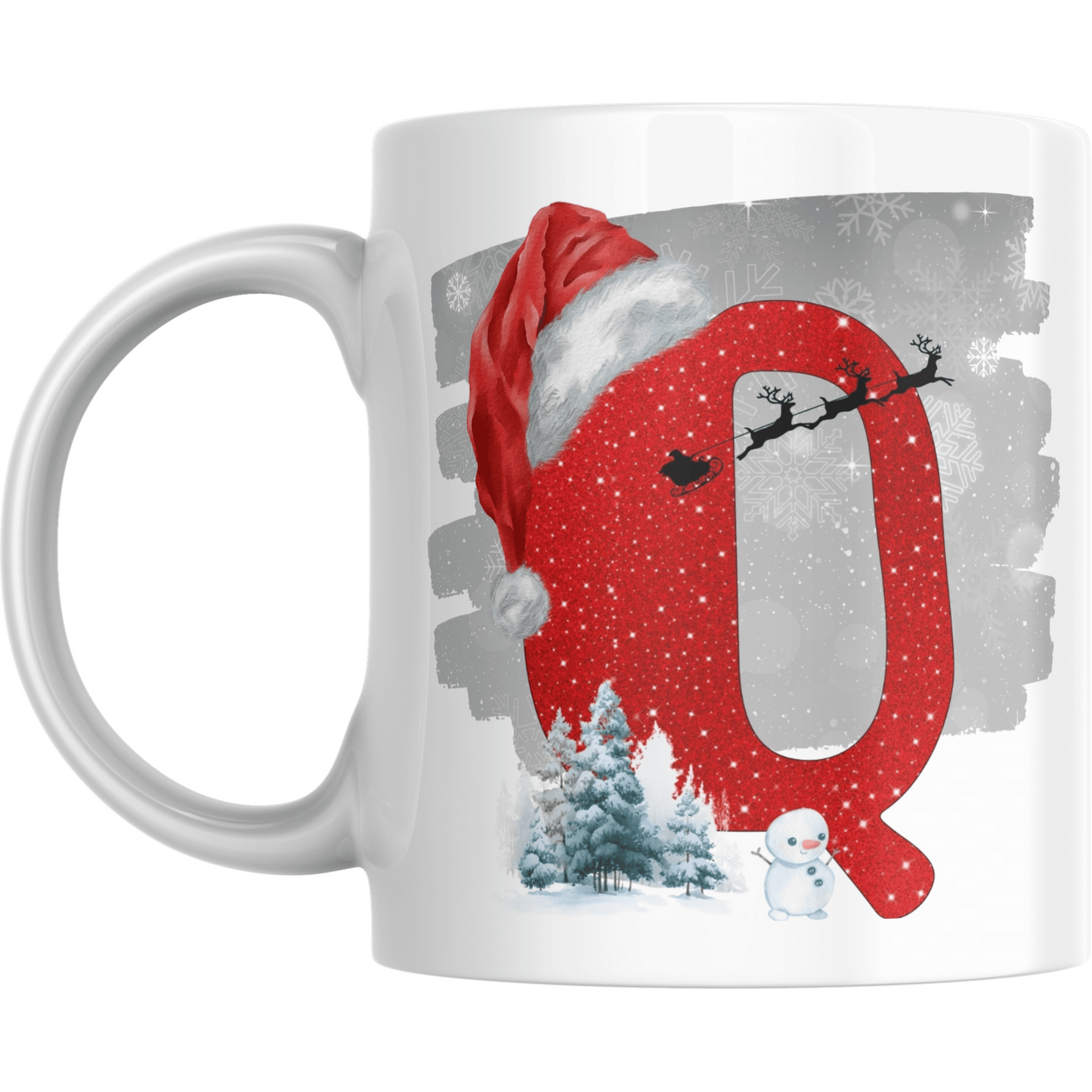 Christmas mug with red letter Q, Santa hat, sleigh silhouette, snowman, and snowy trees. Festive ceramic drinkware for holiday gifting.