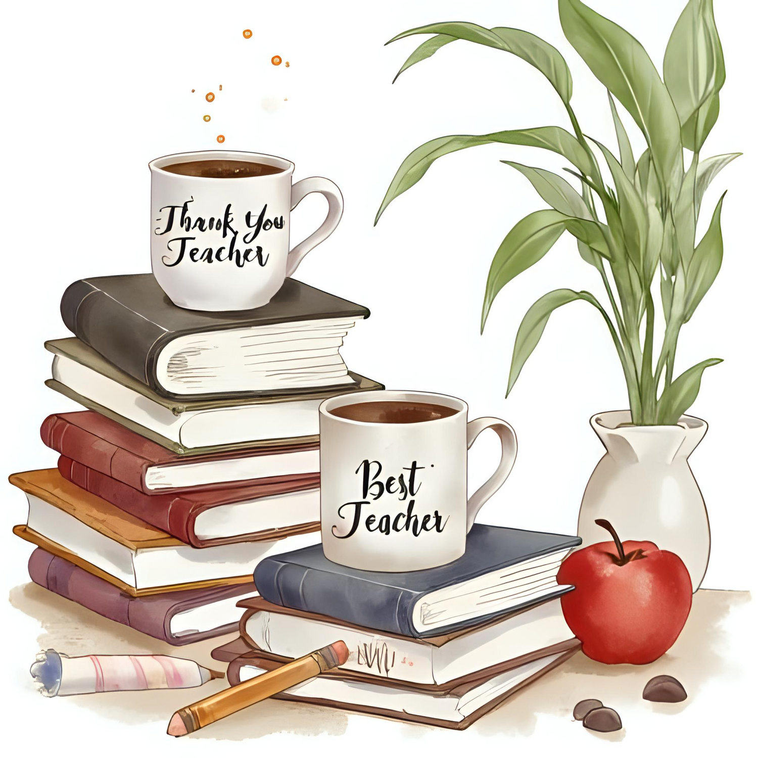 Illustration of books, mugs, an apple, and a plant with 'Thank You Teacher' and 'Best Teacher' text.