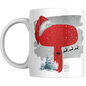 Christmas Mug with Letter T & Santa Print featuring red glittery letter T in Santa hat, snowy trees, snowman, and sleigh silhouette. Ideal holiday gift.