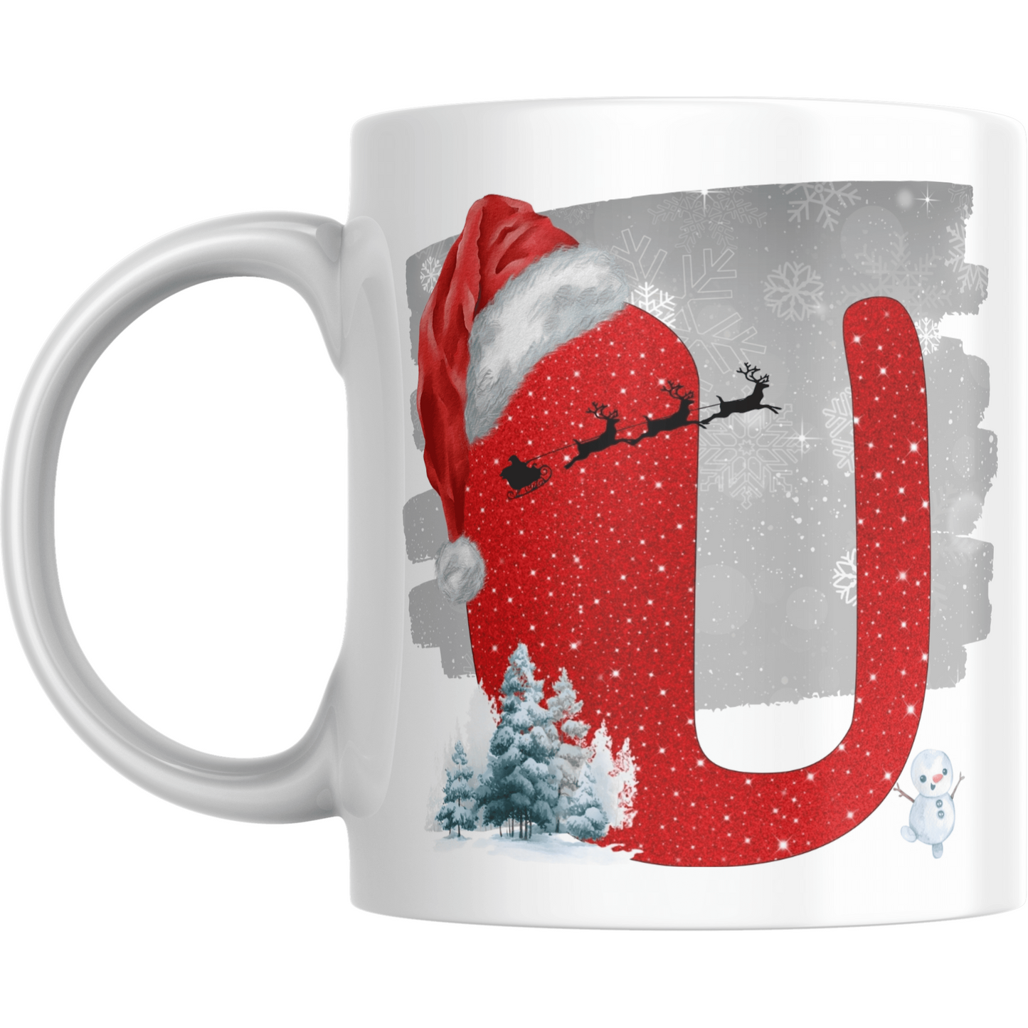 Christmas mug with red letter U wearing Santa hat, snowy trees, snowman, and sleigh silhouette. Perfect holiday mug for festive coffee or gifting.
