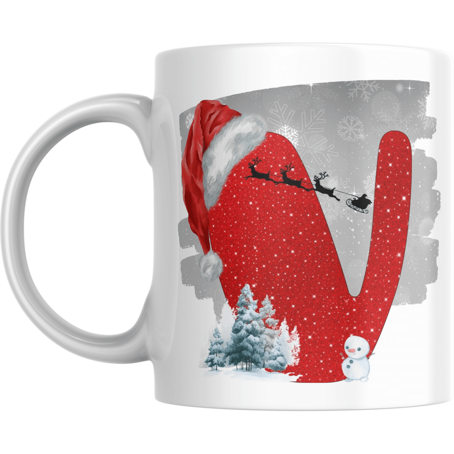 Christmas mug with red glitter letter V, Santa hat, sleigh silhouette, snowman, and snowy trees. Perfect holiday mug for festive gifting.