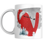 Christmas mug with red glitter letter V, Santa hat, sleigh silhouette, snowman, and snowy trees. Perfect holiday mug for festive gifting.