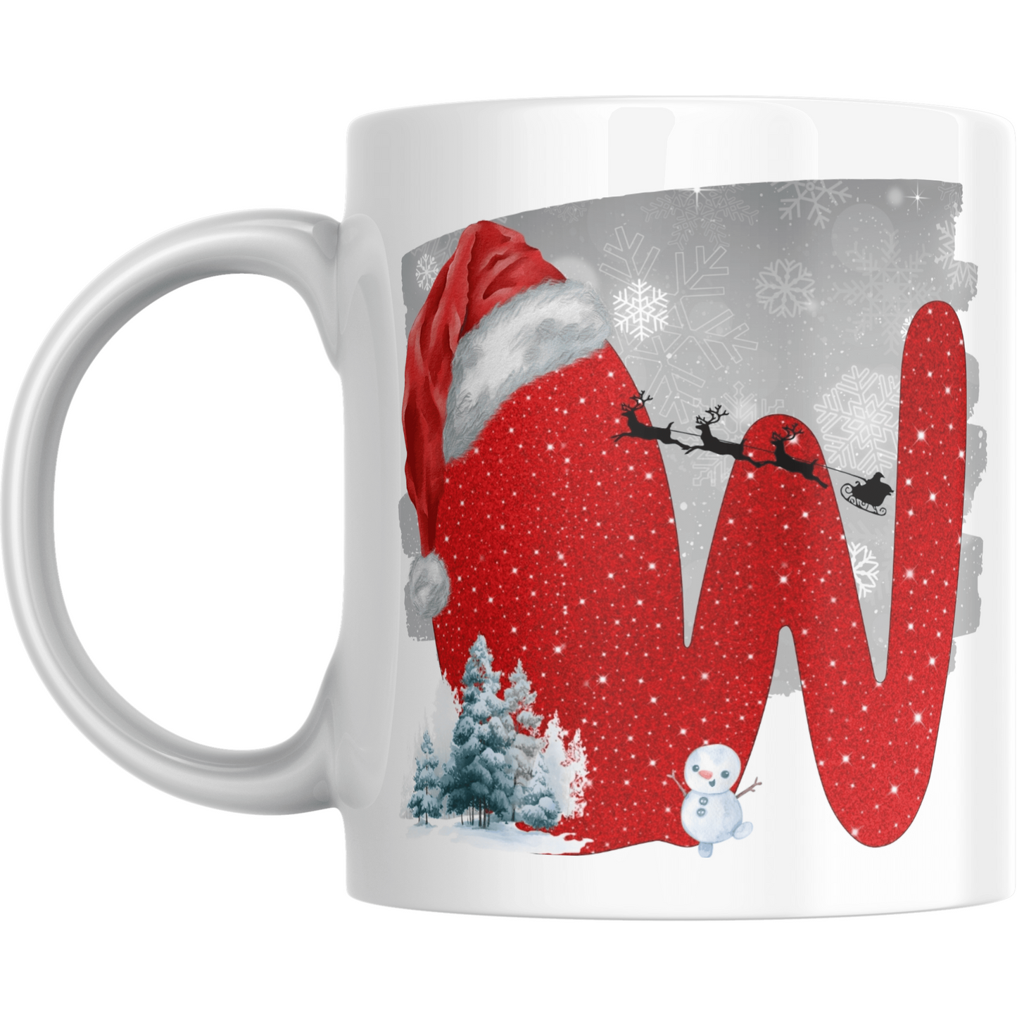 Christmas mug with red letter W, Santa hat, sleigh silhouette, snowman, and snowy trees. Festive ceramic drinkware for holiday gifting.