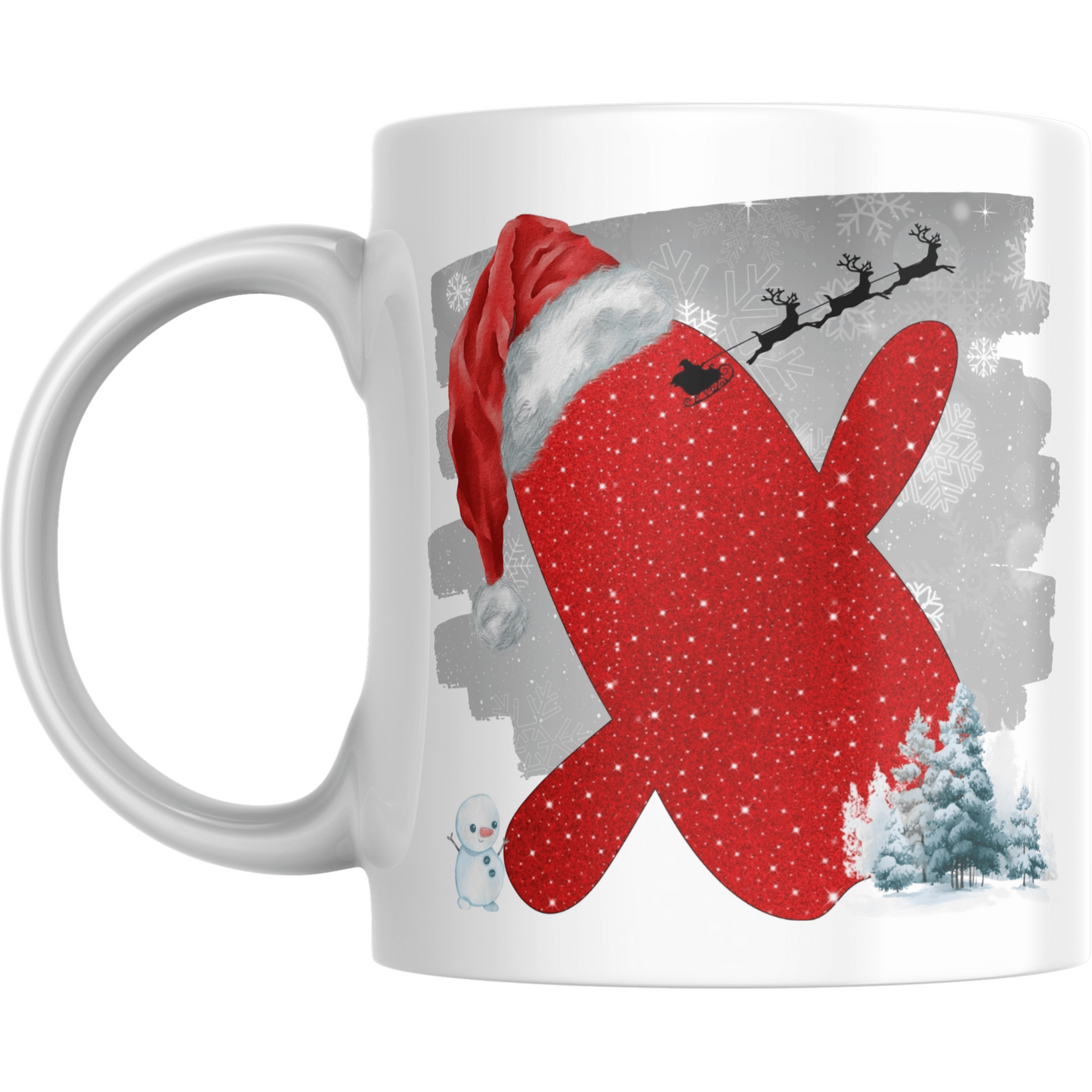 Christmas Mug with Letter X & Santa Print featuring red letter with Santa hat, snowflakes, reindeer, and festive trees on white ceramic.