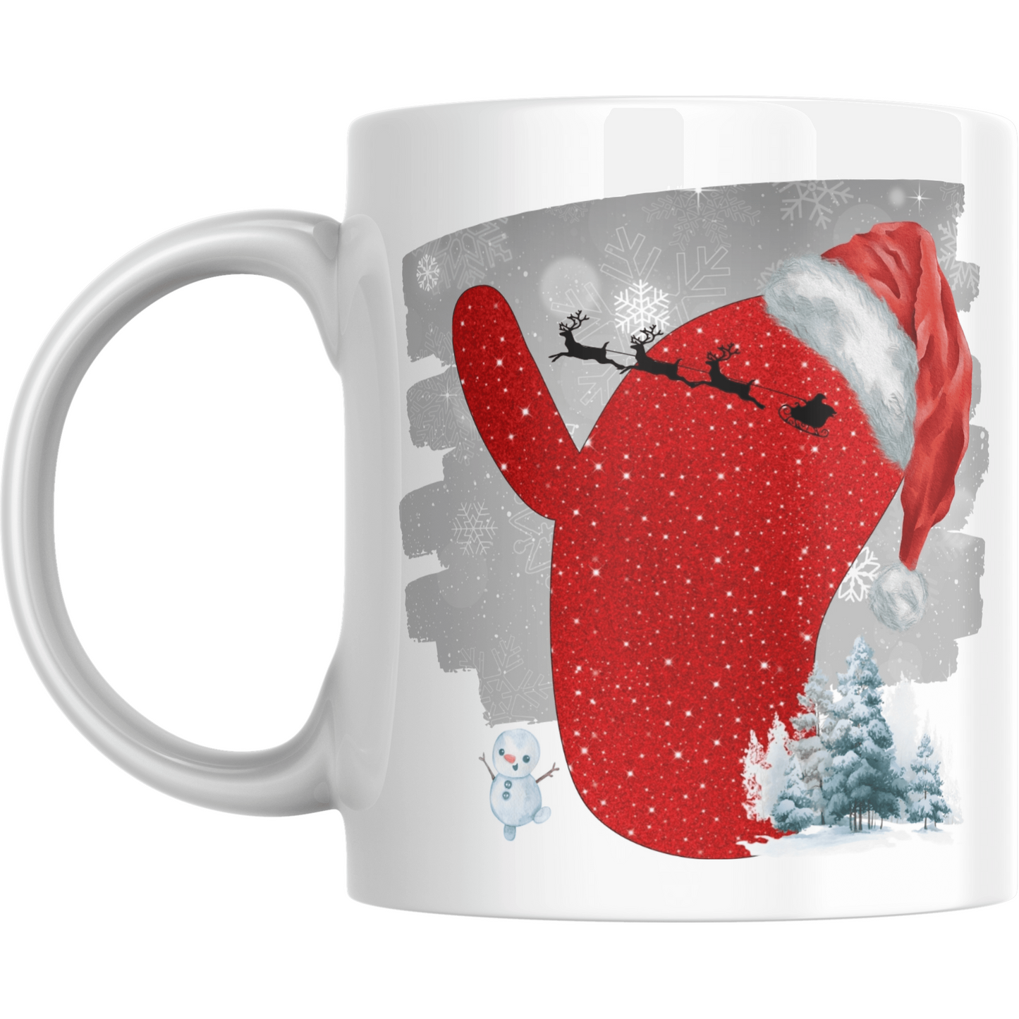 Christmas Mug with Letter Y & Santa Print featuring red letter, Santa sleigh silhouette, snowflakes, and winter trees on white ceramic.