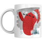 Christmas Mug with Letter Y & Santa Print featuring red letter, Santa sleigh silhouette, snowflakes, and winter trees on white ceramic.
