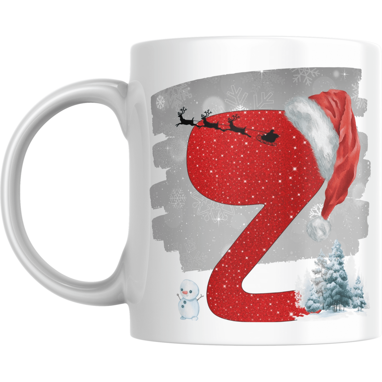 Christmas mug with red glitter letter Z, Santa hat, sleigh silhouette, snowman, and snowy trees. Perfect holiday mug for festive gifting.