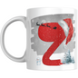 Christmas mug with red glitter letter Z, Santa hat, sleigh silhouette, snowman, and snowy trees. Perfect holiday mug for festive gifting.
