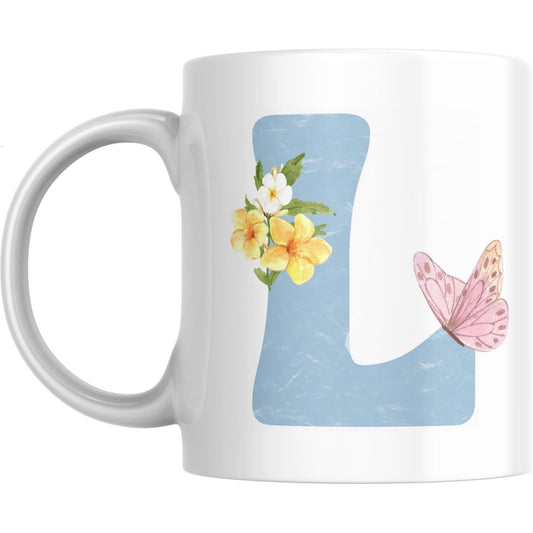Coffee Mug Floral Butterfly Alphabet - Coffee Mugs