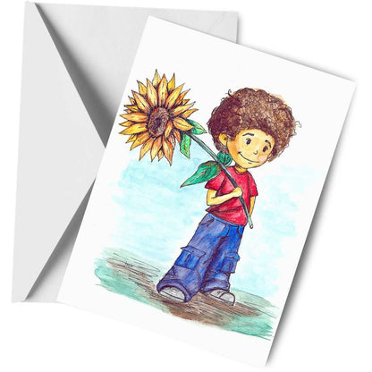 Sunflower Boy Greeting Card - Hand Painted | Watercolor Print featuring a smiling boy holding a sunflower, includes white envelope for gifting.