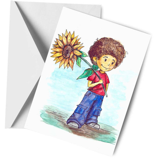 Sunflower Boy Greeting Card - Hand Painted | Watercolor Print featuring a smiling boy holding a sunflower, includes white envelope for gifting.