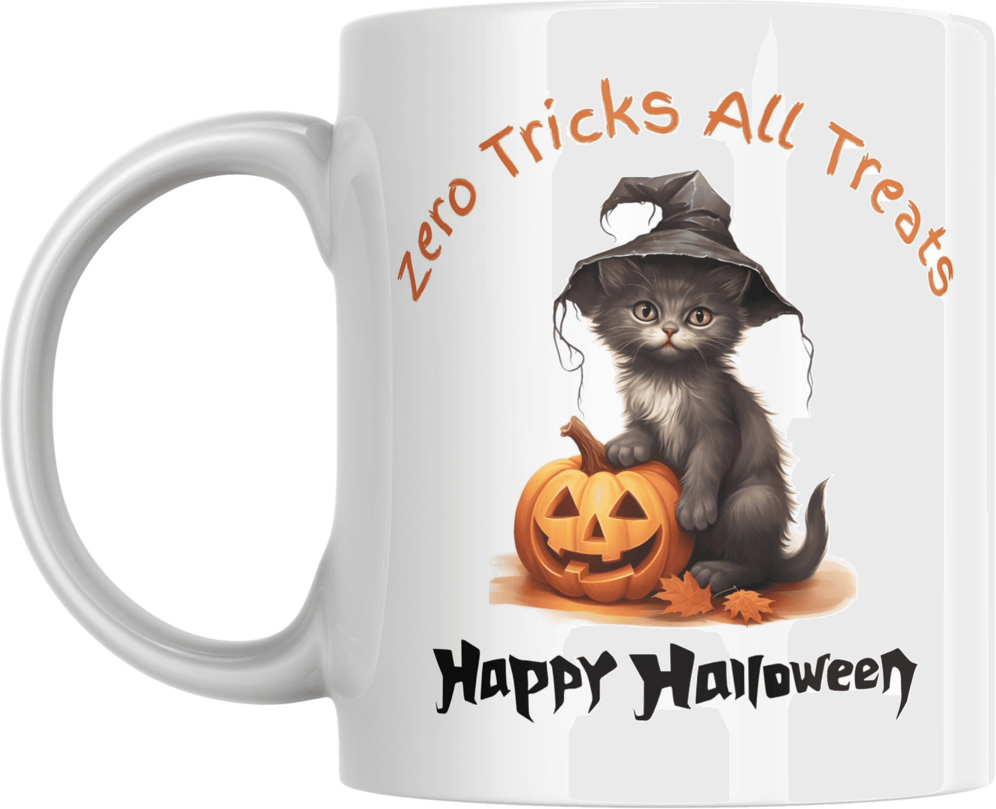 Halloween coffee mug featuring a cute black kitten in a witch hat sitting beside a carved pumpkin with 'Zero Tricks All Treats' and 'Happy Halloween' text.