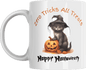 Halloween coffee mug featuring a cute black kitten in a witch hat sitting beside a carved pumpkin with 'Zero Tricks All Treats' and 'Happy Halloween' text.